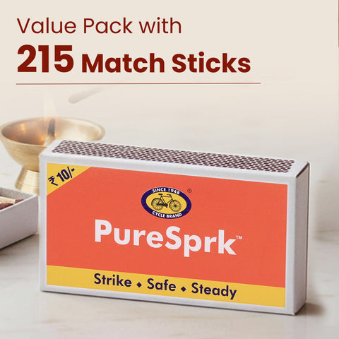 Box of PureSprk matches with 215 match sticks on a light background