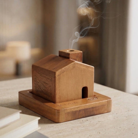 Home Sweet Home Wooden Incense Holder & Ash Catcher | 2-in-1 Neem Wood Holder for Agarbatti, Incense Cones & Havan Cups