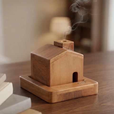Home Sweet Home Wooden Incense Holder & Ash Catcher | 2-in-1 Neem Wood Holder for Agarbatti, Incense Cones & Havan Cups
