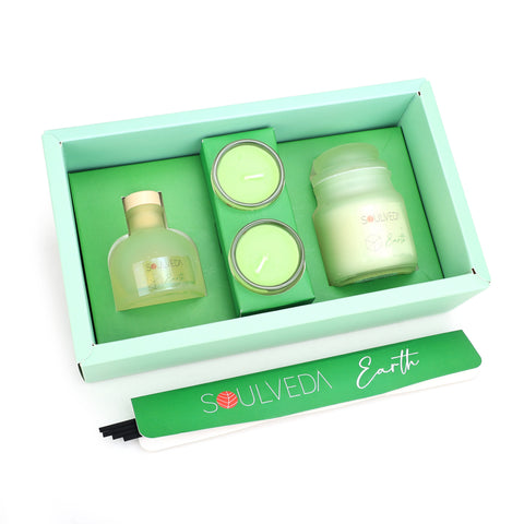Earth Pine Forest Fragrance Gift Set | 1 Mini Reed Diffuser 45 ml, 1 Jar Candle 80 g & 2 Glass Votives