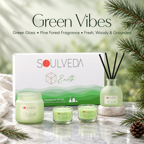 Earth Pine Forest Fragrance Gift Set | 1 Mini Reed Diffuser 45 ml, 1 Jar Candle 80 g & 2 Glass Votives