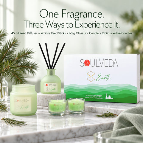 Earth Pine Forest Fragrance Gift Set | 1 Mini Reed Diffuser 45 ml, 1 Jar Candle 80 g & 2 Glass Votives