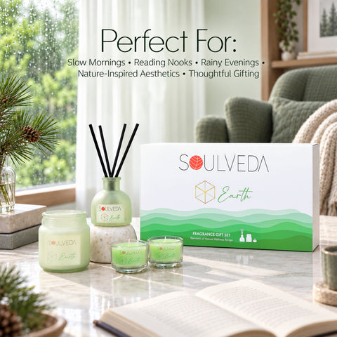Earth Pine Forest Fragrance Gift Set | 1 Mini Reed Diffuser 45 ml, 1 Jar Candle 80 g & 2 Glass Votives