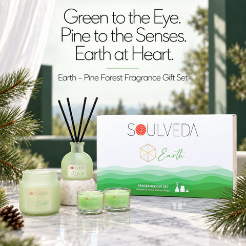 Earth Pine Forest Fragrance Gift Set | 1 Mini Reed Diffuser 45 ml, 1 Jar Candle 80 g & 2 Glass Votives