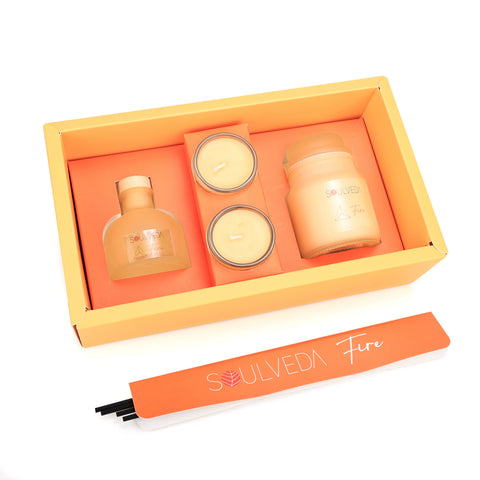Fire Sandalwood Fragrance Gift Set | 1 Mini Reed Diffuser 45 ml, 1 Jar Candle 80 g & 2 Glass Votives