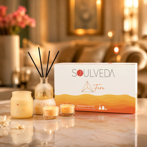 Fire Sandalwood Fragrance Gift Set | 1 Mini Reed Diffuser 45 ml, 1 Jar Candle 80 g & 2 Glass Votives