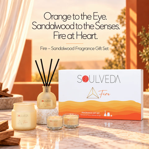 Fire Sandalwood Fragrance Gift Set | 1 Mini Reed Diffuser 45 ml, 1 Jar Candle 80 g & 2 Glass Votives