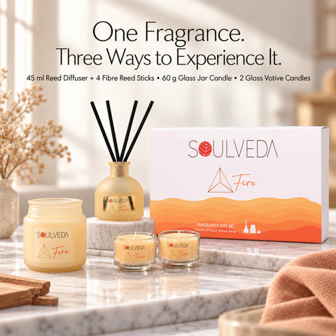 Fire Sandalwood Fragrance Gift Set | 1 Mini Reed Diffuser 45 ml, 1 Jar Candle 80 g & 2 Glass Votives
