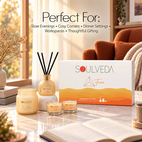 Fire Sandalwood Fragrance Gift Set | 1 Mini Reed Diffuser 45 ml, 1 Jar Candle 80 g & 2 Glass Votives