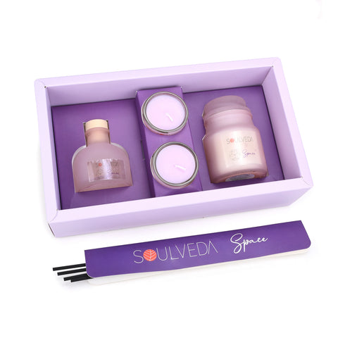 Space White Musk Fragrance Gift Set | 1 Mini Reed Diffuser 45 ml, 1 Jar Candle 80 g & 2 Glass Votives