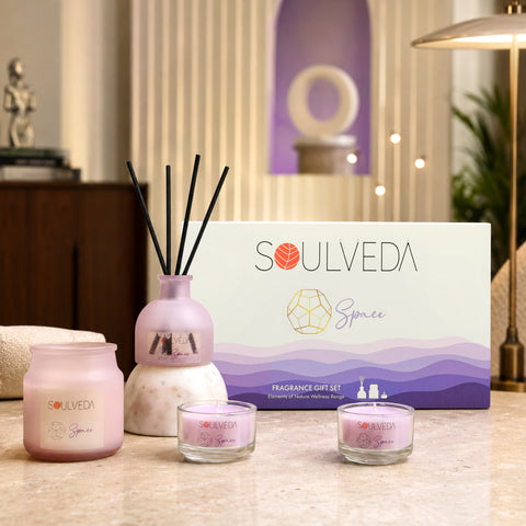 Space White Musk Fragrance Gift Set | 1 Mini Reed Diffuser 45 ml, 1 Jar Candle 80 g & 2 Glass Votives