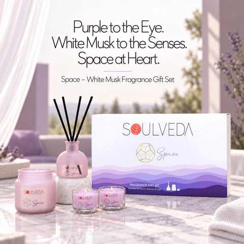 Space White Musk Fragrance Gift Set | 1 Mini Reed Diffuser 45 ml, 1 Jar Candle 80 g & 2 Glass Votives