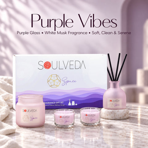 Space White Musk Fragrance Gift Set | 1 Mini Reed Diffuser 45 ml, 1 Jar Candle 80 g & 2 Glass Votives