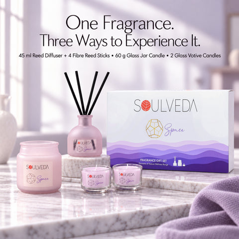 Space White Musk Fragrance Gift Set | 1 Mini Reed Diffuser 45 ml, 1 Jar Candle 80 g & 2 Glass Votives