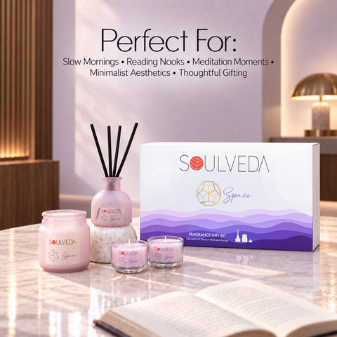 Space White Musk Fragrance Gift Set | 1 Mini Reed Diffuser 45 ml, 1 Jar Candle 80 g & 2 Glass Votives