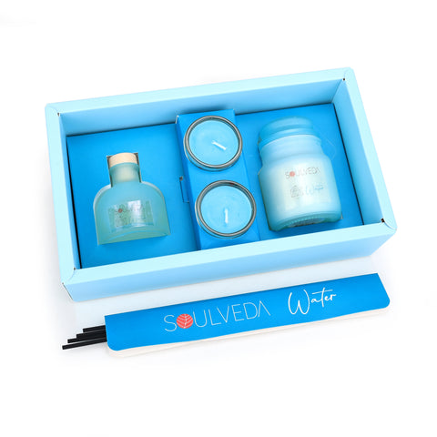 Water Ocean Dreams Fragrance Gift Set | 1 Mini Reed Diffuser 45 ml, 1 Jar Candle 80 g & 2 Glass Votives