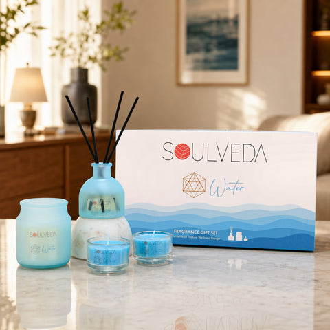 Water Ocean Dreams Fragrance Gift Set | 1 Mini Reed Diffuser 45 ml, 1 Jar Candle 80 g & 2 Glass Votives