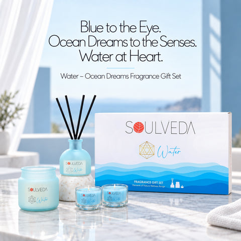 Water Ocean Dreams Fragrance Gift Set | 1 Mini Reed Diffuser 45 ml, 1 Jar Candle 80 g & 2 Glass Votives