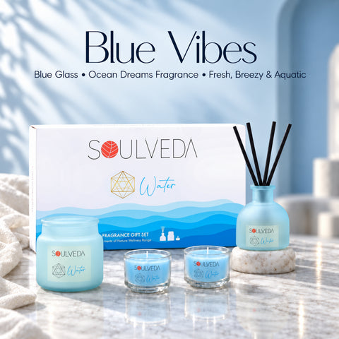 Water Ocean Dreams Fragrance Gift Set | 1 Mini Reed Diffuser 45 ml, 1 Jar Candle 80 g & 2 Glass Votives