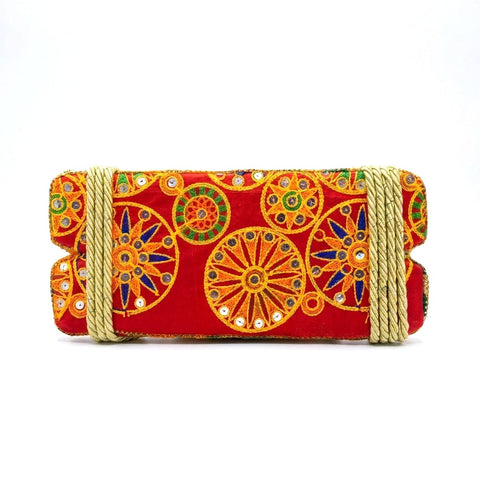 Red Mirror & Wheel Embroidery Jhula Patri for Teej