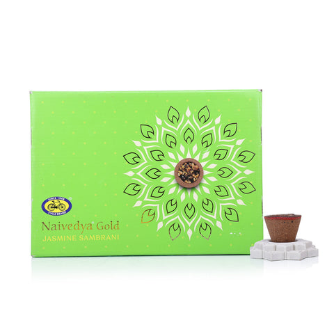 Naivedya Gold - Jasmine Sambrani Cups (Charcoal-free Havan Cups with Jasmine Fragrance) (18 pcs + Holder)