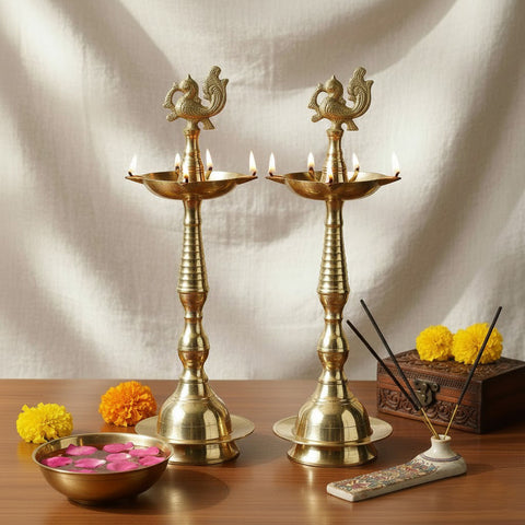 13 Inch Pure Brass Peacock Kerala Diya