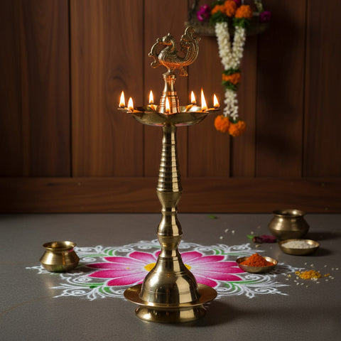 13 Inch Pure Brass Peacock Kerala Diya